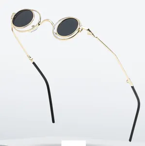 DL眼镜新设计折叠镜片太阳镜金属框圆形翻盖蒸汽朋克太阳眼镜易于携带墨镜