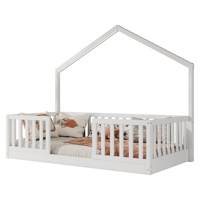 Lit Montessori double blanc en forme de maison avec barrières hautes et éclairage intégré pour garçons et filles
