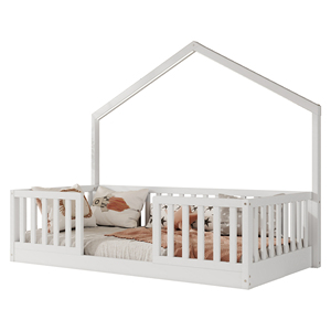 <span class=keywords><strong>Letto</strong></span> <span class=keywords><strong>Montessori</strong></span> a terra bianco a forma di <span class=keywords><strong>casetta</strong></span> con sponde alte e luce integrata per bambini e bambine - Product Image 6