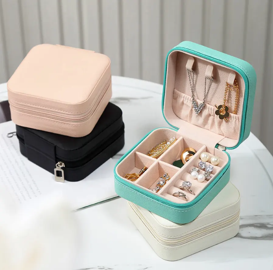 Kadın organizatör küpe kulak damızlık PU deri taşınabilir mücevher kutusu mücevher ambalaj hediye kutuları seyahat mücevher kutusu Zip ile