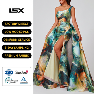 Nouvelle jupe longue de soirée de gala pour femme 2025, en satin à imprimé texturé artistique, asymétrique à une épaule, coupe trapèze, écologique, fendue haute, de luxe - Product Image 1
