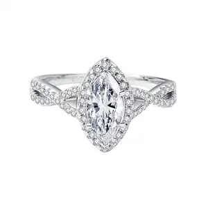 时尚最新925纯银1ct钻石戒指锆石铺路奢华侯爵夫人切割含沙石戒指