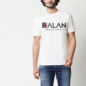 T-shirt en coton blanc à manches courtes et col rond pour homme Kalan Industries, coupe classique, imprimé avec un motif de lettres, style décontracté - Product Image 1