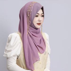 Voile instantané tendance avec chaîne de perles en mousseline, foulard musulman élégant, hijab pré-noué pour femme, écharpe islamique - Product Image 4