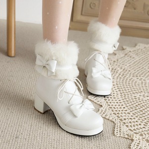Botines de piel sintética blanca con puño de pelo, doble lazo frontal, cordones, punta redonda, plataforma y tacón medio de bloque, estilo dulce para chicas, envío directo - Product Image 2