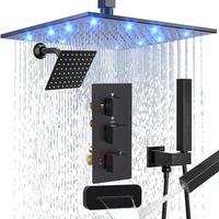 Système de douche thermostatique Homedec à 3 jets, avec douchettes LED de 12 po, douchette pleine longueur de 6 po, bec de baignoire, 3 poignées, en laiton noir mat et acier inoxydable