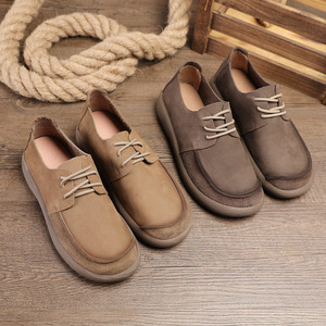 Chaussures pour hommes à bout rond en cuir véritable, à lacets, respirantes, style rétro, décontractées, semelle souple, dessus en cuir de vache - Product Image 3