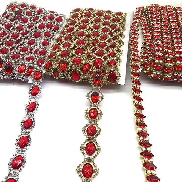 Cadena con adorno de flor de ojo de caballo rojo para novia, cadena con flecos de cristal, diamantes de imitación, apliques nupciales, cadena de adorno para ropa, collar