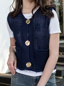 Femmes Crochet gros tricot pull <span class=keywords><strong>gilet</strong></span> décontracté sans manches boutonné <span class=keywords><strong>gilet</strong></span> hauts recadrée Cardigan chandails avec poches taille libre - Product Image 3