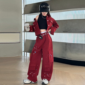 Conjunto de Mezclilla Roja Estilo Coreano para <span class=keywords><strong>Niñas</strong></span> 2025, Traje de Primavera/Otoño para <span class=keywords><strong>Niñas</strong></span>, Diseño Sólido - Product Image 2