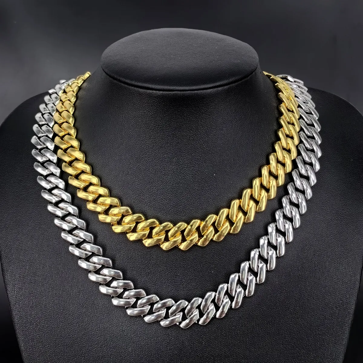 cheap wholesale 14mm wide gold silver alloy cuban link chain necklace rhombus shape chunky cuban link chains