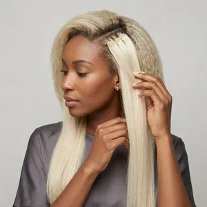 Extensions de cheveux humains blond platine longues et lisses, ensemble complet pour la tête, densité 100%, cheveux Remy, taille personnalisable - Product Image 3