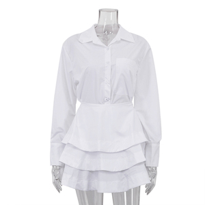 Elegante diseño elegante <span class=keywords><strong>camisa</strong></span> abotonada <span class=keywords><strong>blanca</strong></span> de moda Top <span class=keywords><strong>y</strong></span> <span class=keywords><strong>falda</strong></span> en capas Co-Ord 2025 conjunto de minifalda de verano de 2 piezas para mujer - Product Image 4