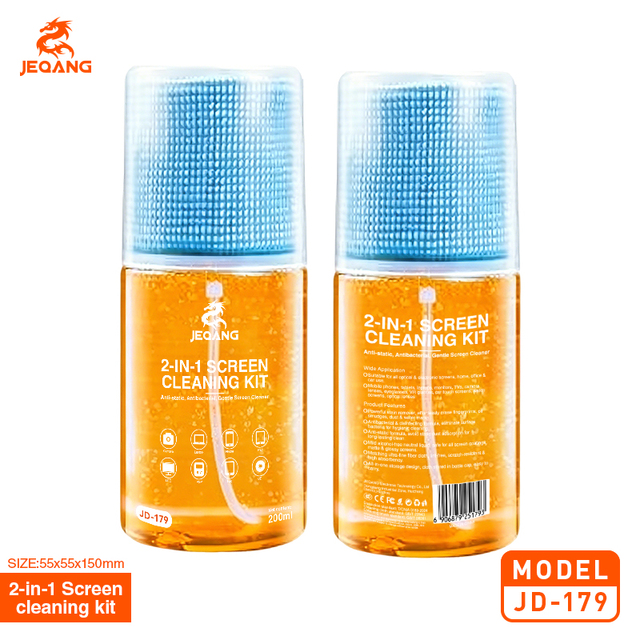JEQANG JD-179 2-in-1 Screen Cleaning Kit 200ml Anti-static Antibacterial Cleaner Spray Built-in PVC Wipe Cap Travel Office