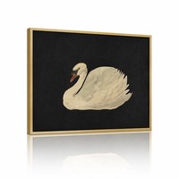 Impression sur toile vintage en aquarelle, art mural cygne à cadre doré sur fond noir, cygne muet, oiseau blanc à bec rouge, impression de luxe pour naturaliste