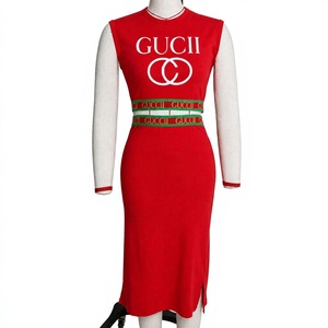 Meow Fashion <b>Red</b> Bodycon Midi Dress Crew Neck Long Sleeve Contrast Color Printed Logo <b>Belted</b> Women's Sweater Dress Ready Ship - Product Image 1