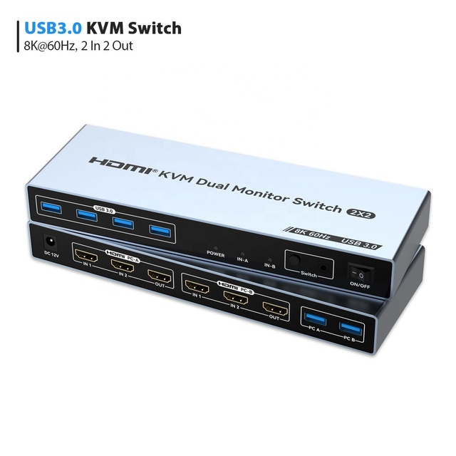 2x2 USB3.0 HDMI 8K KVM Switch 8K60 2 Monitors 2 Computers 2 in 2 OUT HDMI Switches Dual Monitor KVM Switch with 4 USB 3.0 Port