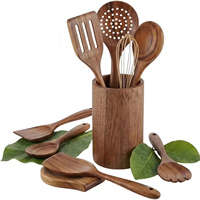 Ensemble d'ustensiles de cuisine en bois, 10 pièces, 100% bois de teck naturel, spatule, cuillère, support de repose-cuillère, résistant à la chaleur, léger pour la cuisson