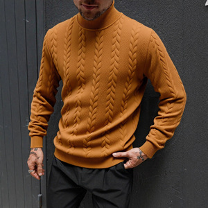 Pull en laine tricoté à col montant pour homme, chaud, automne-hiver, couleur unie, maille torsadée, manches longues, anti-boulochage - Product Image 3