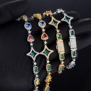 Colorful Gemstone Emerald Cut Hiphop Fashion Trendy Sparkling Brass Zircon Star Square Charm Link Chain Bracelet <b>Bangle</b> - Product Image 5