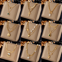 Collier à chaîne multi-rangs en acier inoxydable, accessoire de mode, bijoux, pendentif en forme de croix, de cœur et de perle
