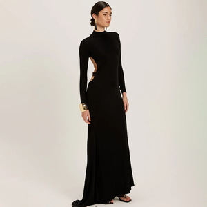 Vestido de Noche sin Espalda, Manga Larga, Largo hasta el Suelo, con Cinturón Metálico, Elegante, Color Sólido, Ropa Formal para Mujer - Product Image 3