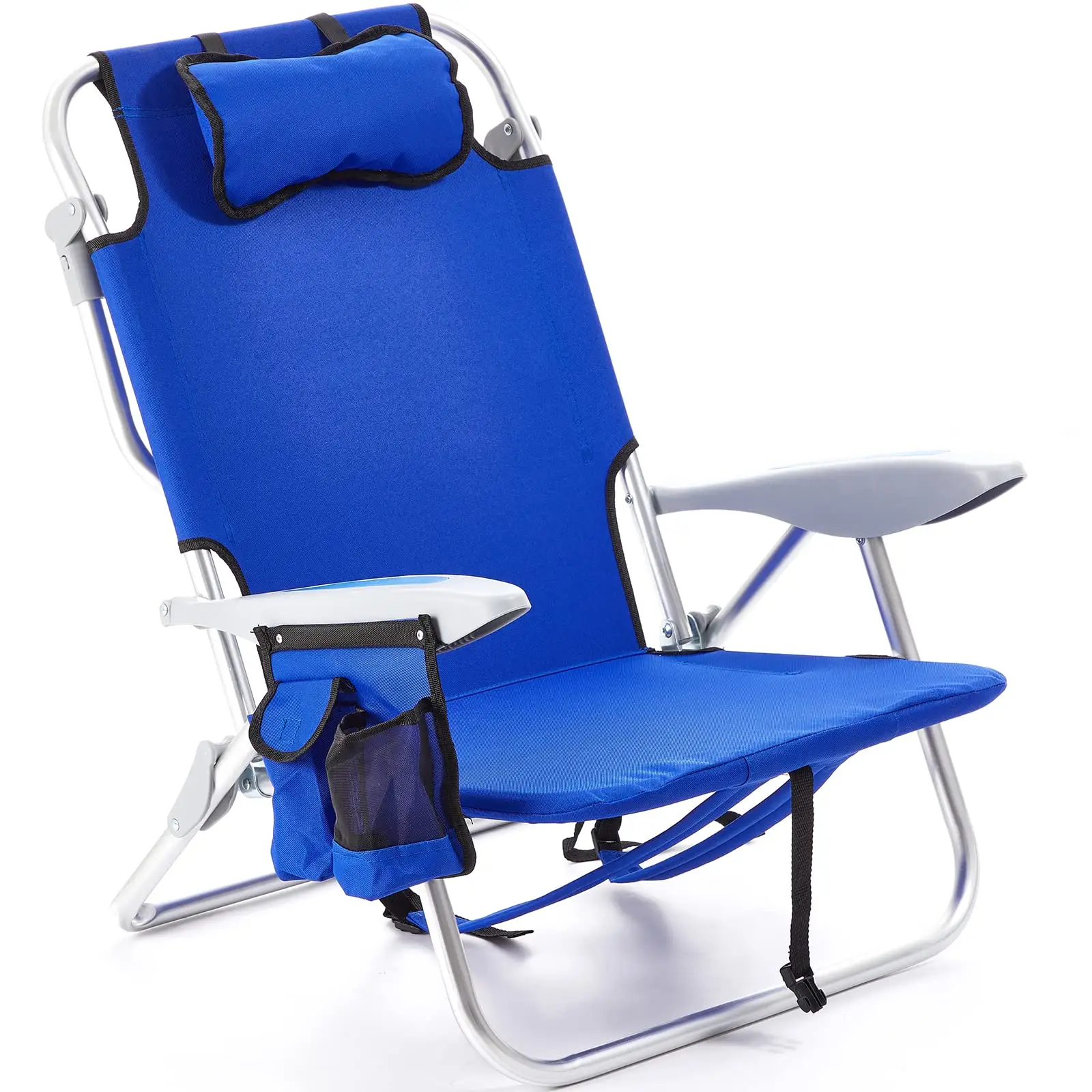 Yetişkin taşınabilir plaj sandalyesi, açık hafif kamp sandalyesi düz yalan, katlanır sırt çantası ile, kafalık, bardak tutucu