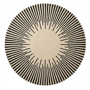 Tapis rond en laine tufté à la main, noir et beige rayé, tapis moderne pour salon, chambre à coucher, hôtel - Product Image 3