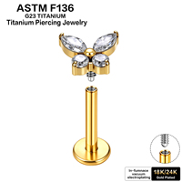 Boucles d'oreilles clous en titane G23 ASTM F136, design papillon, avec zircon cubique à dos plat, hypoallergéniques, pour piercing cartilage et conque, bijoux de corps