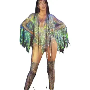 디자이너 섹시한 라인 석 스팽글 파티 해파리 바디 수트 여성 드래그 퀸 무대 의상 누드 크리스탈 술 저녁 댄스 파티 bodysui