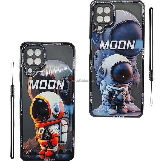 Cute Astronauts Cartoon Print Silicone Phone Case with Rope Back Cover for Samsung S23 ultra A12 A52 A72 A32 A53 A02 A50 A33 S22