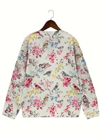 Pull-over décontracté pour femme, col en V, manches longues, 100 % polyester respirant, motif floral et oiseaux peints à la main, style vintage et coloré, idéal pour le printemps