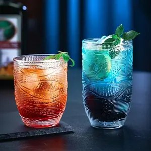 Fancy Clear Embossed Juice Glasses Stemless Clear Drinking Water Cup Pressed Glass Tumbler