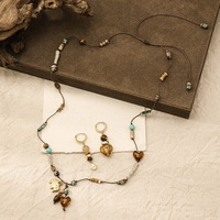 Kalung Tali Anyaman Boho Batu Mata Harimau Jasper Gambar Bunga Turquoise Giok Liontin Daun Emas Baja Tahan Karat Unisex