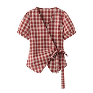Chemise écossaise à carreaux pour femmes, nouvelle <span class=keywords><strong>chemisier</strong></span> d'été à col en V, froncée, à nouer à la taille, à manches bouffantes, coupe ajustée - Product Image 2
