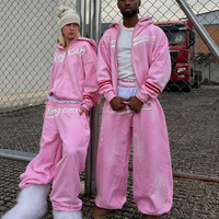 Ensemble de survêtement unisexe rose personnalisé 2 pièces, pantalon large oversize avec impression en relief et strass, vente en gros OEM