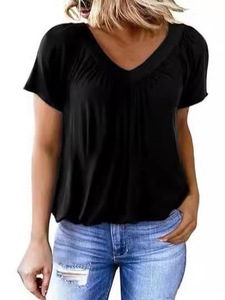 Camiseta informal lavada transpirable de verano para mujer con cuello en V profundo mangas cortas sueltas de secado rápido - Product Image 6