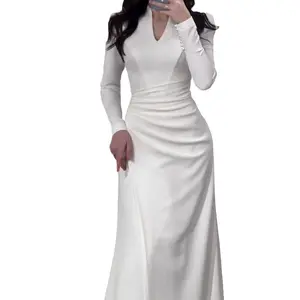 2024卸売ヴィンテージスウィートビューティフルコットンピュア高品質Vネックマキシイブニングドレス