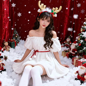 Robe de Noël blanche à épaules dénudées, coupe trapèze, avec bandeau tête de renne, tenue de fête de fin d'année - Product Image 3