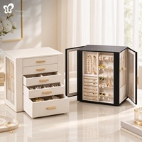 Boîte à bijoux rectangulaire de luxe légère en cuir, rotative à 360°, avec tiroirs, organisateur anti-poussière pour colliers et boucles d'oreilles
