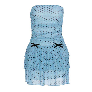 Abito estivo in stile europeo americano Sexy Top in vita anteriore dimagrante in maglia <span class=keywords><strong>maculata</strong></span> con fiocco decorativo in Chiffon <span class=keywords><strong>gonna</strong></span> aderente - Product Image 3