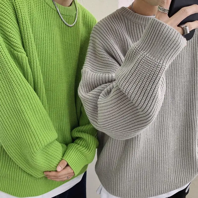 Men and Women Loose Lazy Style Couple Round Collar Set Pure Color Sweater Knitwear Knitted Sweaters