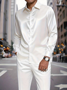<span class=keywords><strong>Chemise</strong></span> habillée de luxe en satin pour <span class=keywords><strong>homme</strong></span>, <span class=keywords><strong>blanche</strong></span> <span class=keywords><strong>brillante</strong></span>, à manches longues, boutonnée, texture soyeuse et lisse, coupe ajustée pour événements formels et affaires - Product Image 1