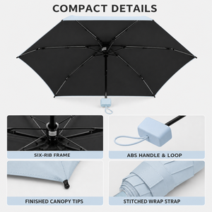 Parapluie de poche mini pliable 6 volets JUNVOY 15 cm avec revêtement noir anti-UV, étui rigide à fermeture éclair, double usage soleil/pluie - Product Image 6