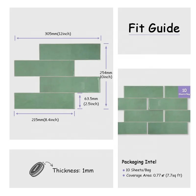 Panel de pared 3D Stick-On Interior Pared verde Metro Azulejos para baño Papel tapiz extraíble para uso comercial doméstico para apartamentos