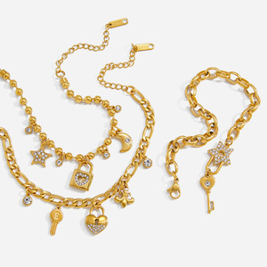 Quiet And Pretty Jewelry <b>Set</b> Gold Chain Necklace <b>Bracelet</b> With Lock Key Star Charms For Women Fashion Accessories - Product Image 1