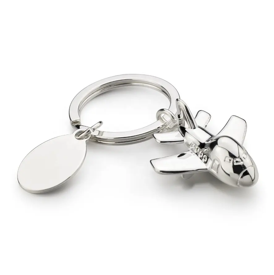 High Quality Silver Plated Metal Airplane Key chain 3D Plane Key holder Oval Engraving Plate Key ring for Promotional Gifts