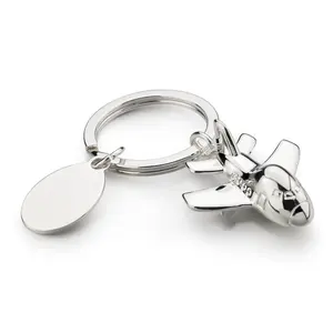 High Quality Silver Plated Metal Airplane Key Chain 3D Plane Key Holder Oval Engraving Plate Key Ring For Promotional Gifts