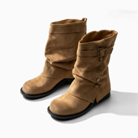 Bottes mi-mollet souples pour femmes en faux daim à talon épais et multi-boucles, personnalisables avec logo, faible MOQ, vente en gros pour l'hiver – Fabrication OEM/ODM