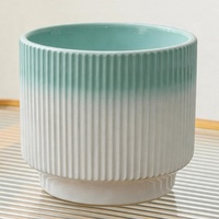 Pot Bunga Keramik Motif Garis Hijau Mint Gradasi Bulat, Pot Bonsai, Dekorasi Rumah Kustom, Pot Bunga Porselen Ramah Lingkungan